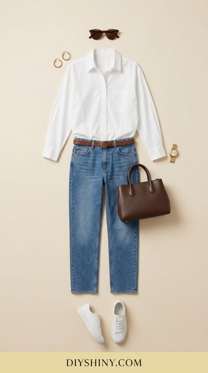 White button-down shirt with classic blue jeans and white sneakers casual outfit