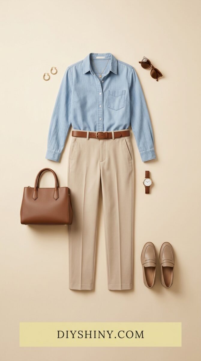 Light blue button-down shirt with beige trousers and brown loafers