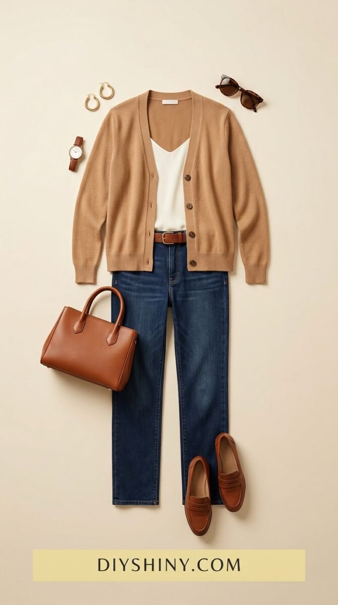 Camel cardigan with white top dark blue jeans and brown loafers