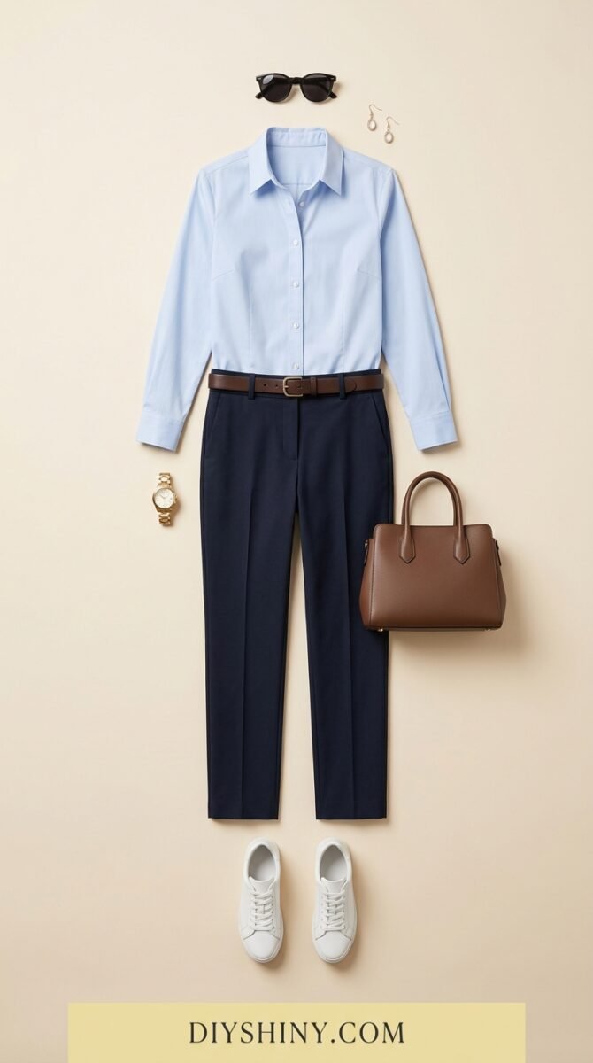 Light blue button-down shirt with navy trousers brown handbag and white sneakers