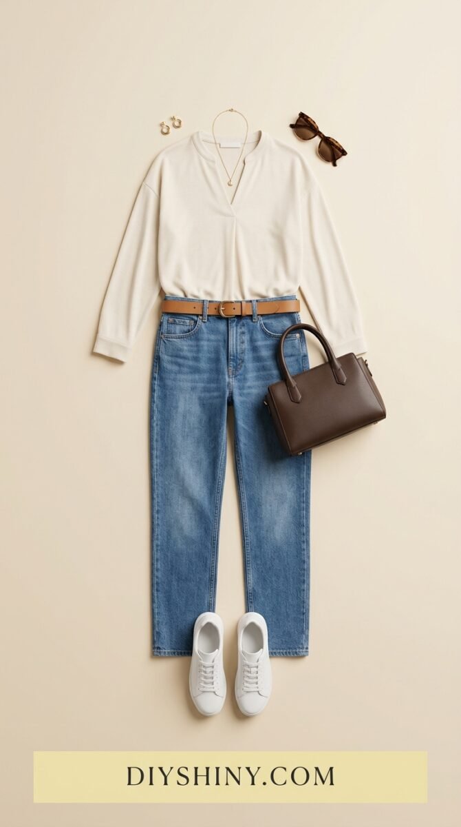 White blouse with blue jeans white sneakers and brown handbag