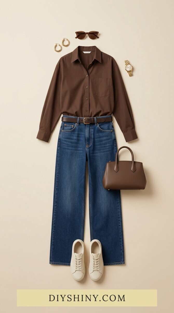 Chocolate brown button-down shirt with blue jeans white sneakers and brown handbag