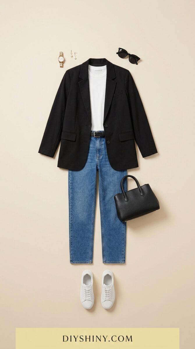 Black blazer with white top blue jeans black handbag and white sneakers