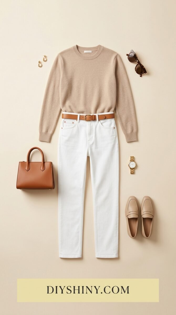 Beige sweater with white jeans tan loafers and brown handbag
