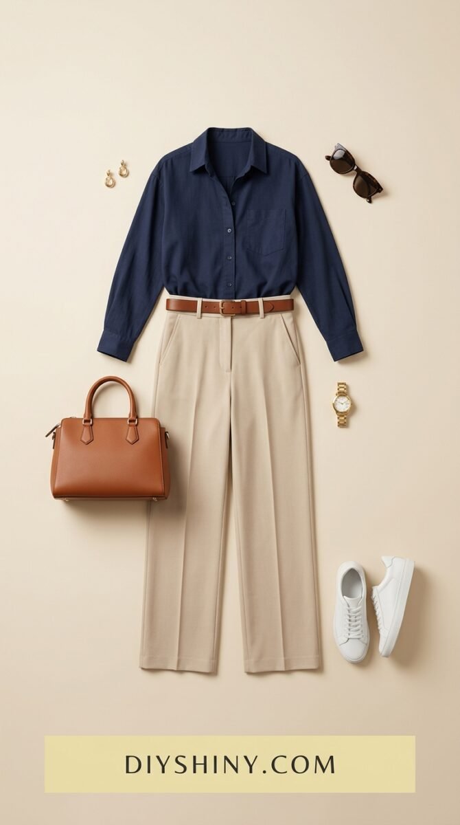 Navy button-down shirt with beige trousers white sneakers and brown handbag