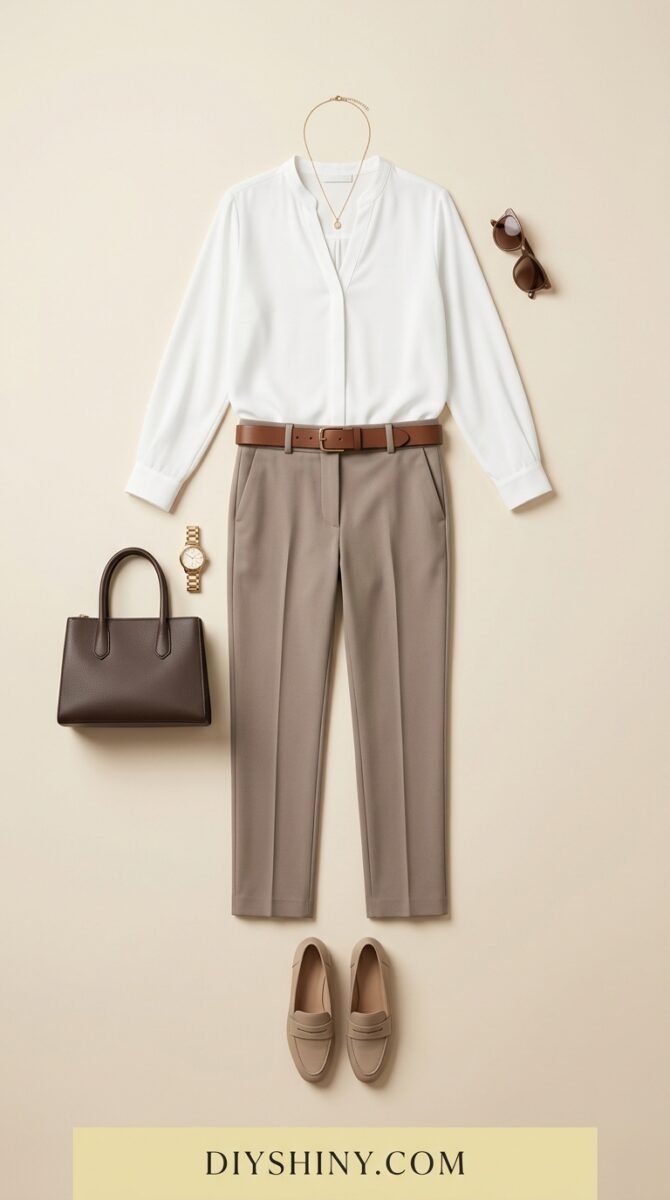 White blouse with taupe trousers brown belt loafers and dark handbag