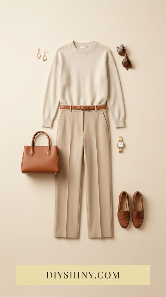 Cream sweater with beige tailored trousers and brown loafers casual outfit