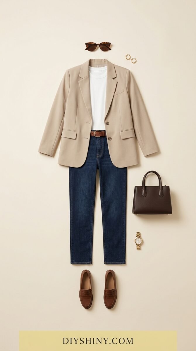 Beige blazer with white top, dark jeans and brown loafers