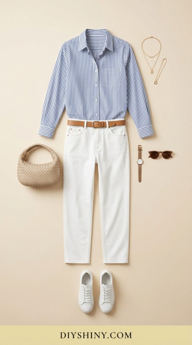 Blue striped button-down shirt with white jeans and white sneakers