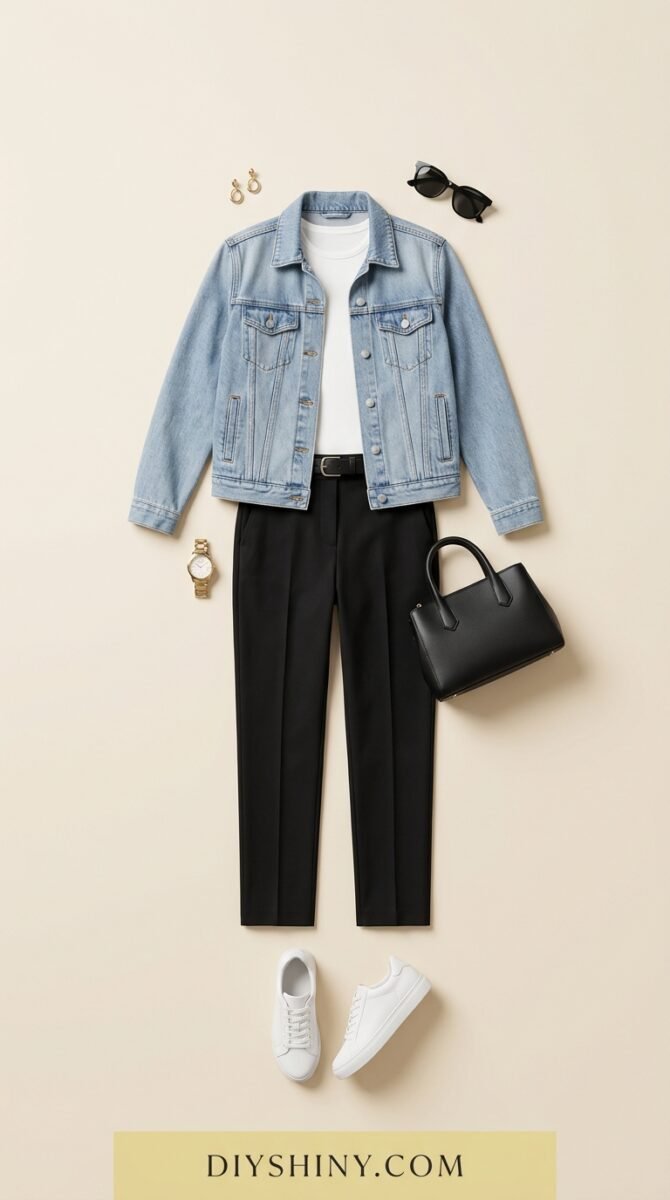 Light denim jacket with white top black trousers and white sneakers