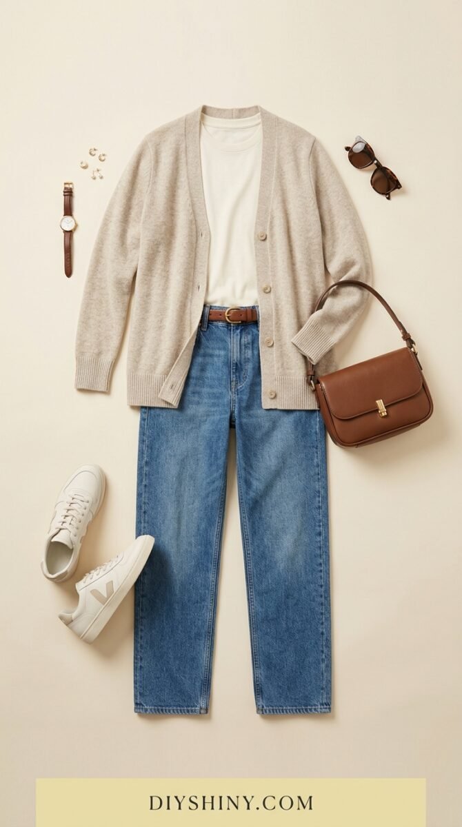 Beige cardigan with white top blue jeans and white sneakers