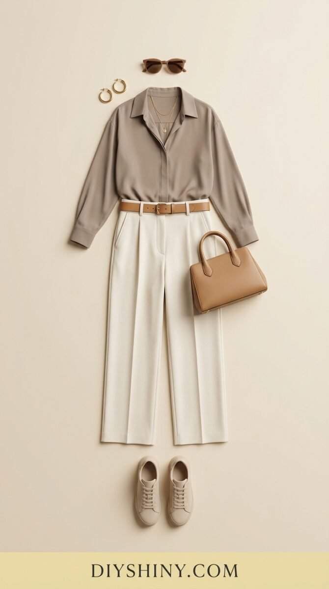 Taupe blouse with cream trousers and beige sneakers neutral casual outfit
