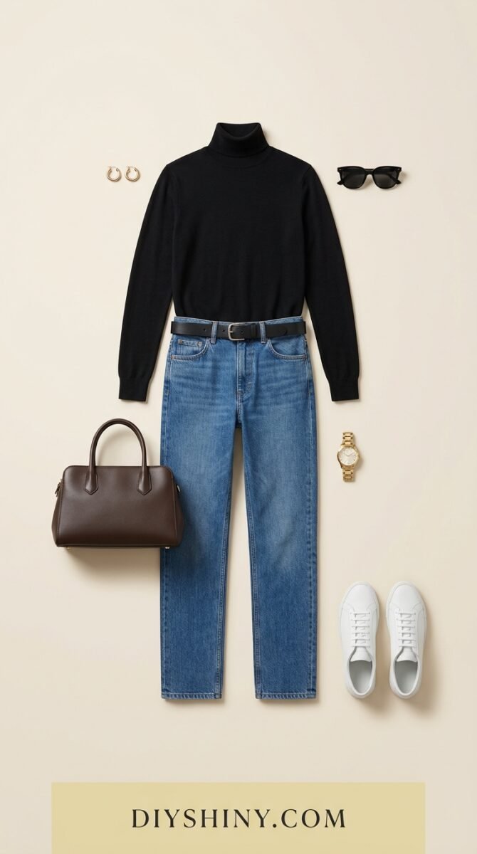 Black turtleneck with blue jeans white sneakers and dark brown handbag