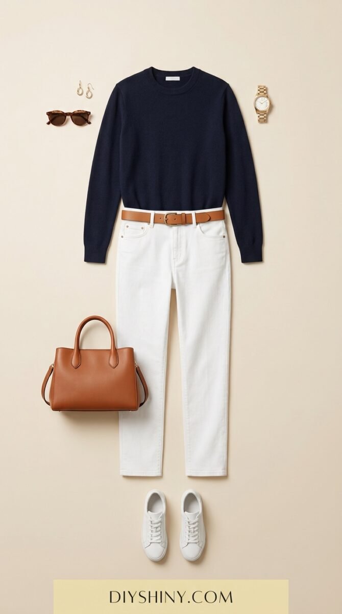 Navy sweater with white jeans brown handbag and white sneakers