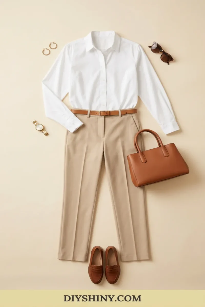 White button-down shirt with beige trousers brown belt brown loafers and leather handbag