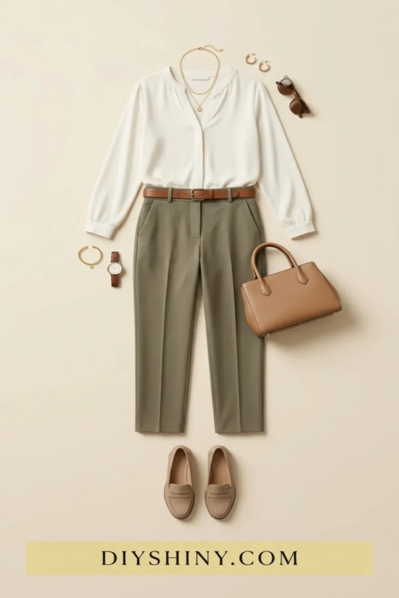 Ivory blouse with olive tailored trousers tan belt beige loafers and leather handbag