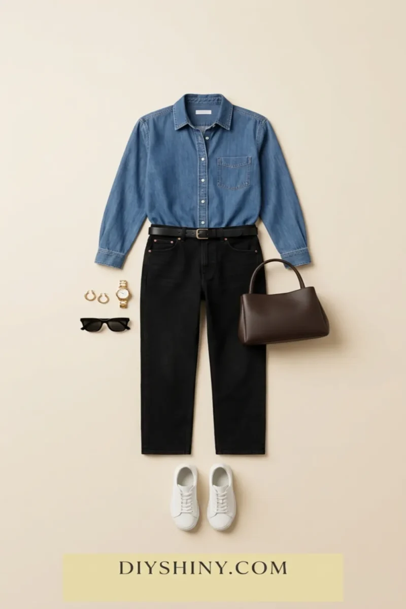 Blue denim shirt with black jeans dark brown handbag white sneakers and black belt