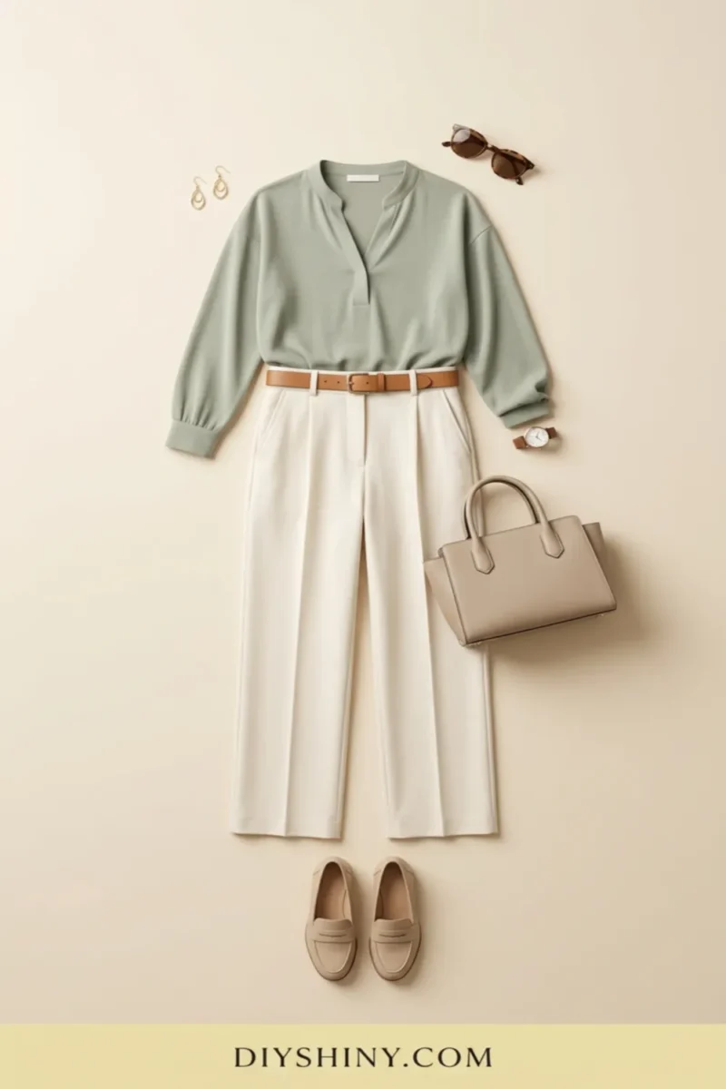Sage green blouse with white trousers tan belt beige loafers and taupe handbag