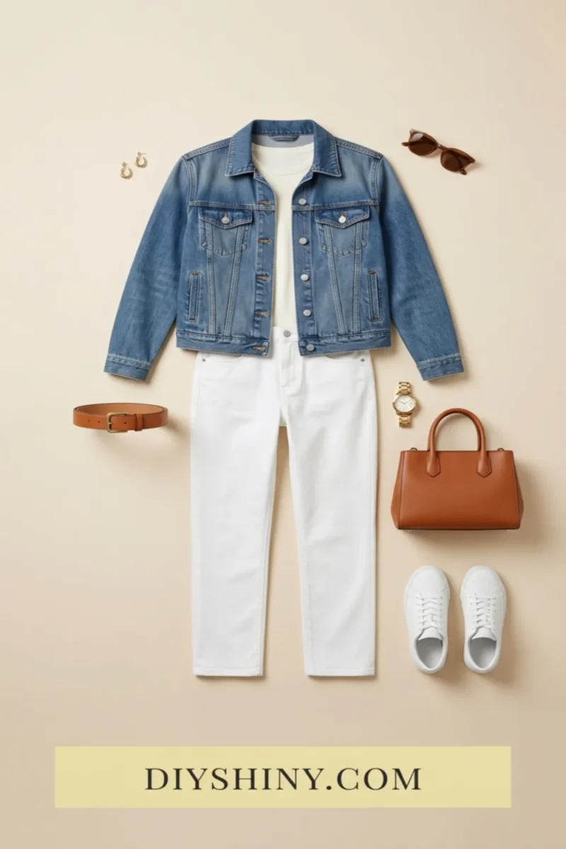 Blue denim jacket with white top white jeans brown belt white sneakers and tan handbag