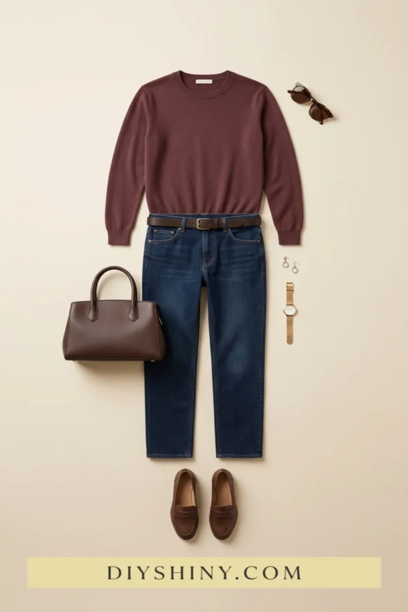 Burgundy sweater with dark blue jeans brown belt brown loafers and dark handbag