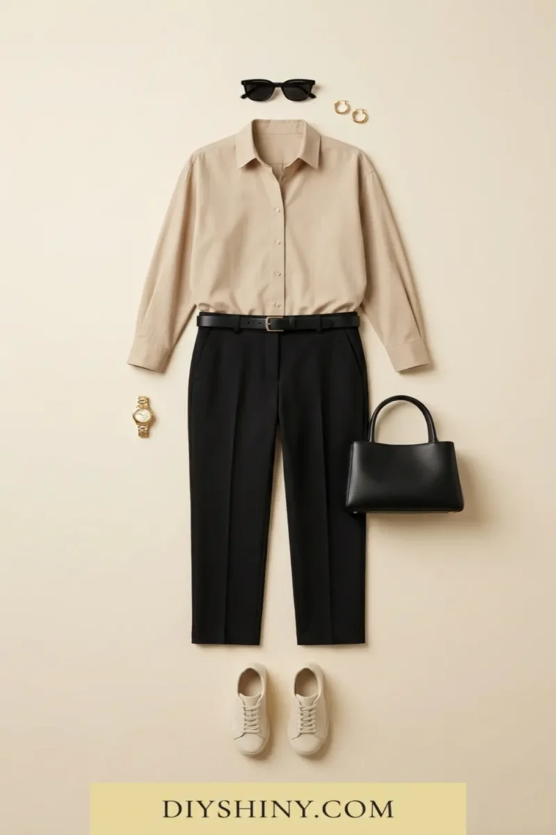 Beige button-down shirt with black trousers black belt cream sneakers and black handbag