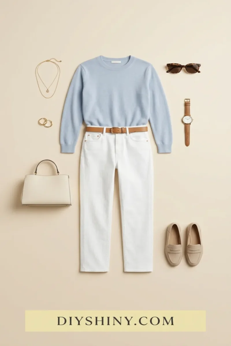 Powder blue sweater with white jeans tan belt beige loafers and cream handbag