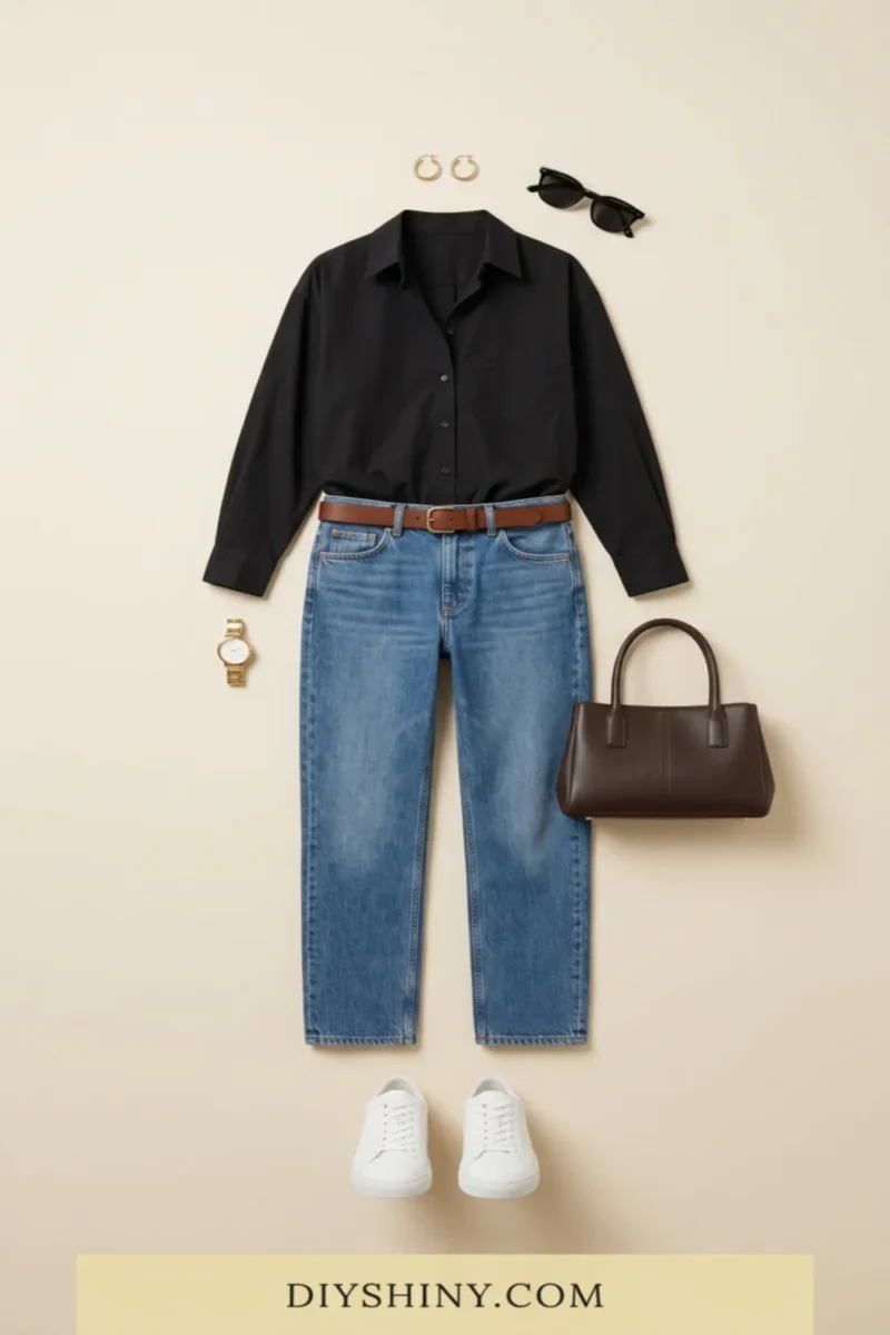 Black button-down shirt with blue jeans brown belt white sneakers and dark handbag