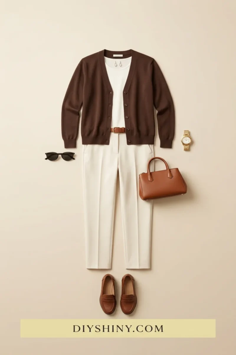 Chocolate brown cardigan over white top with cream trousers brown loafers and tan handbag