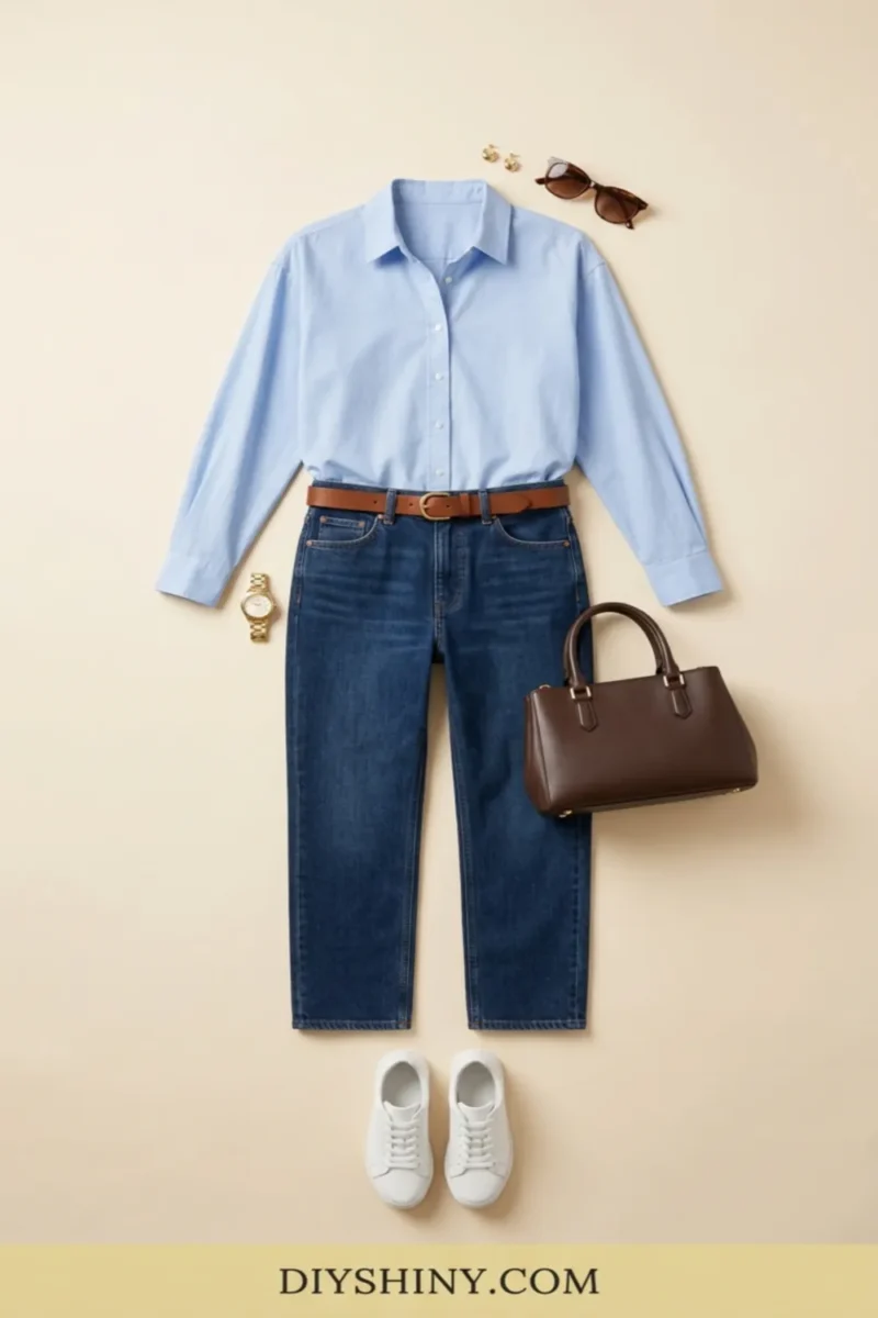 Light blue button-down shirt with dark blue jeans brown belt white sneakers and brown handbag
