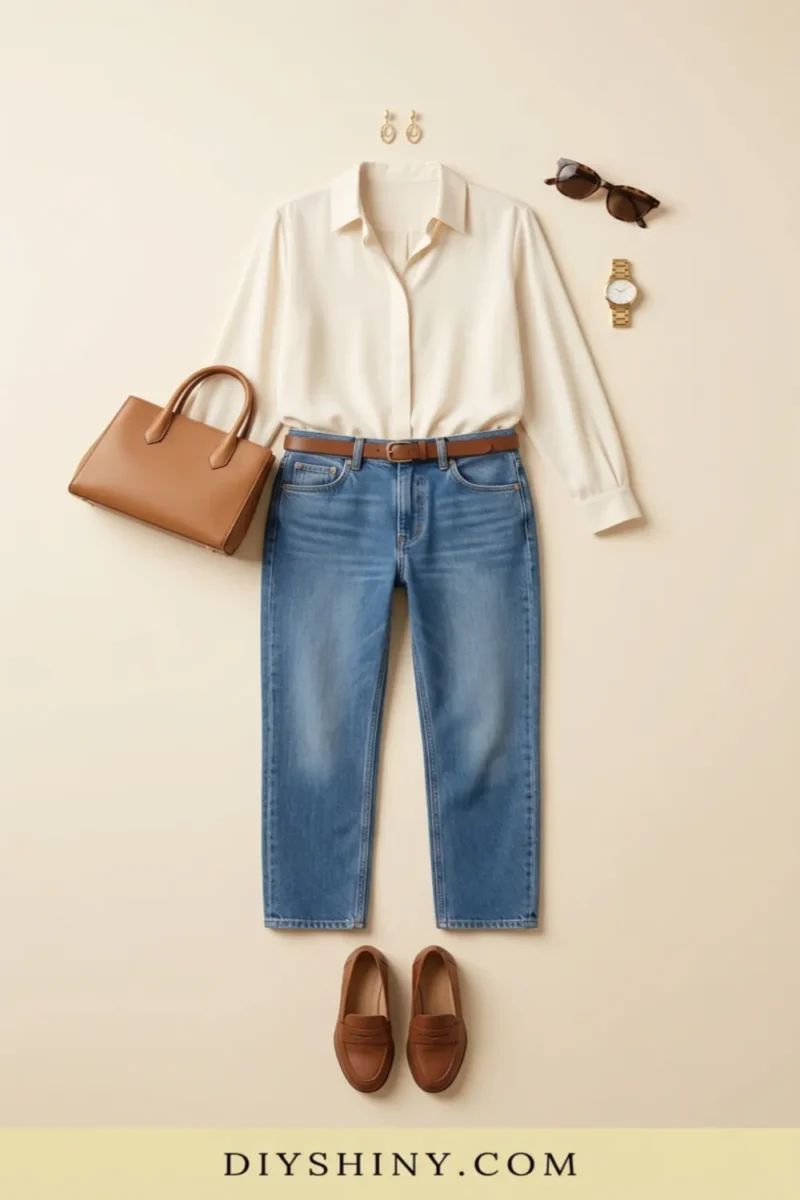 Cream blouse with light blue jeans brown loafers and tan leather handbag