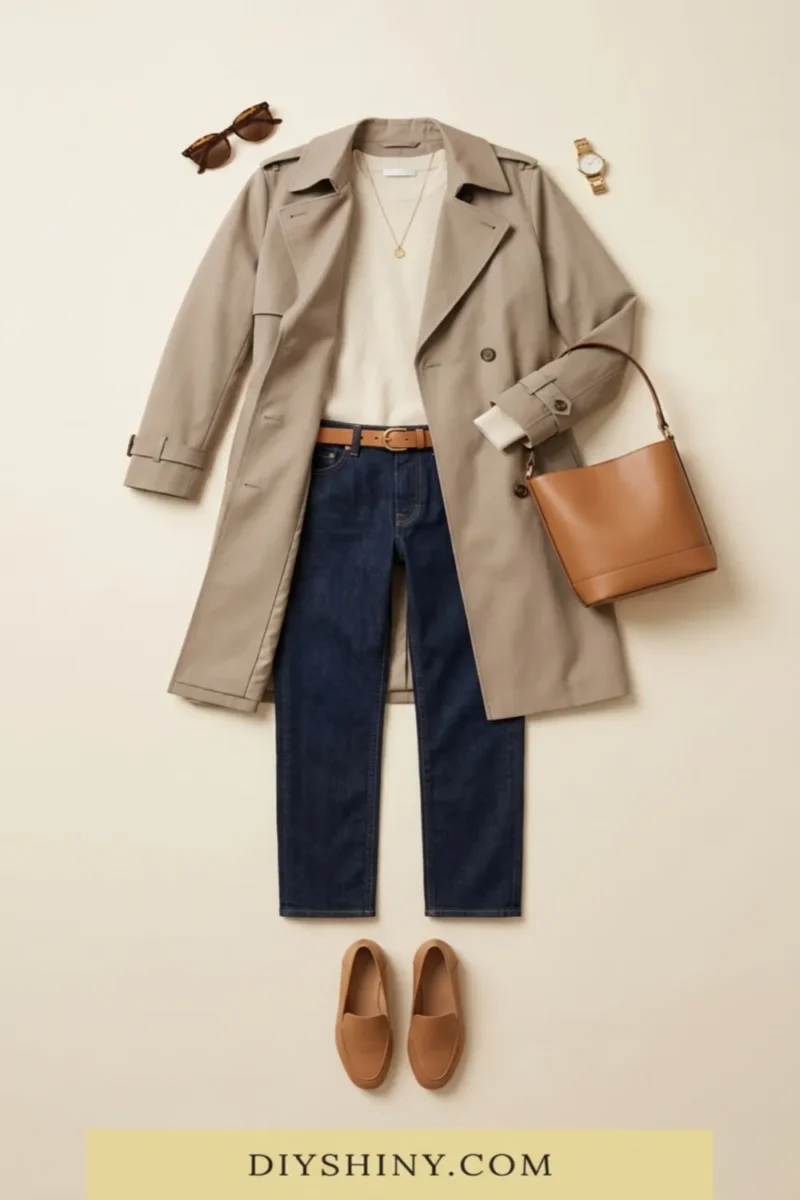 Beige trench coat with white top dark jeans tan loafers and brown bucket bag