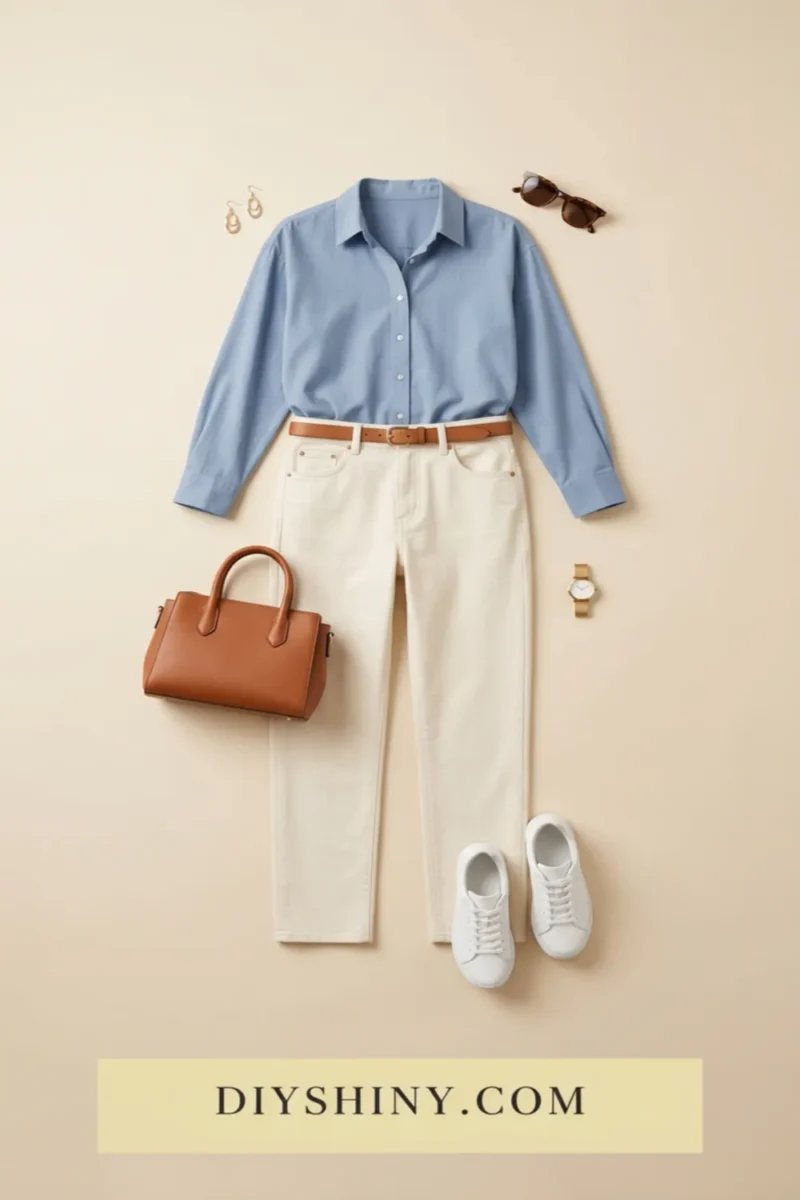 Light blue shirt with white jeans tan belt white sneakers and brown handbag