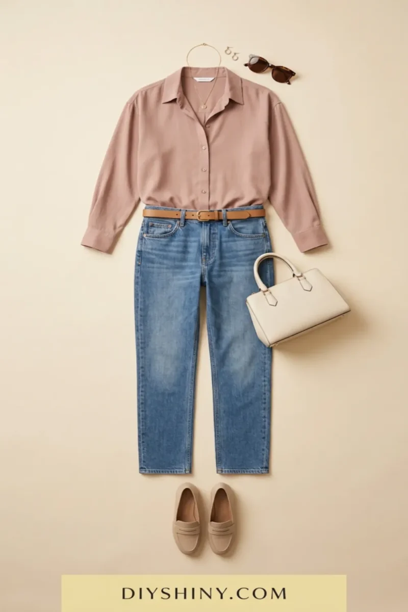 Dusty rose button-down shirt with blue jeans cream handbag and beige loafers