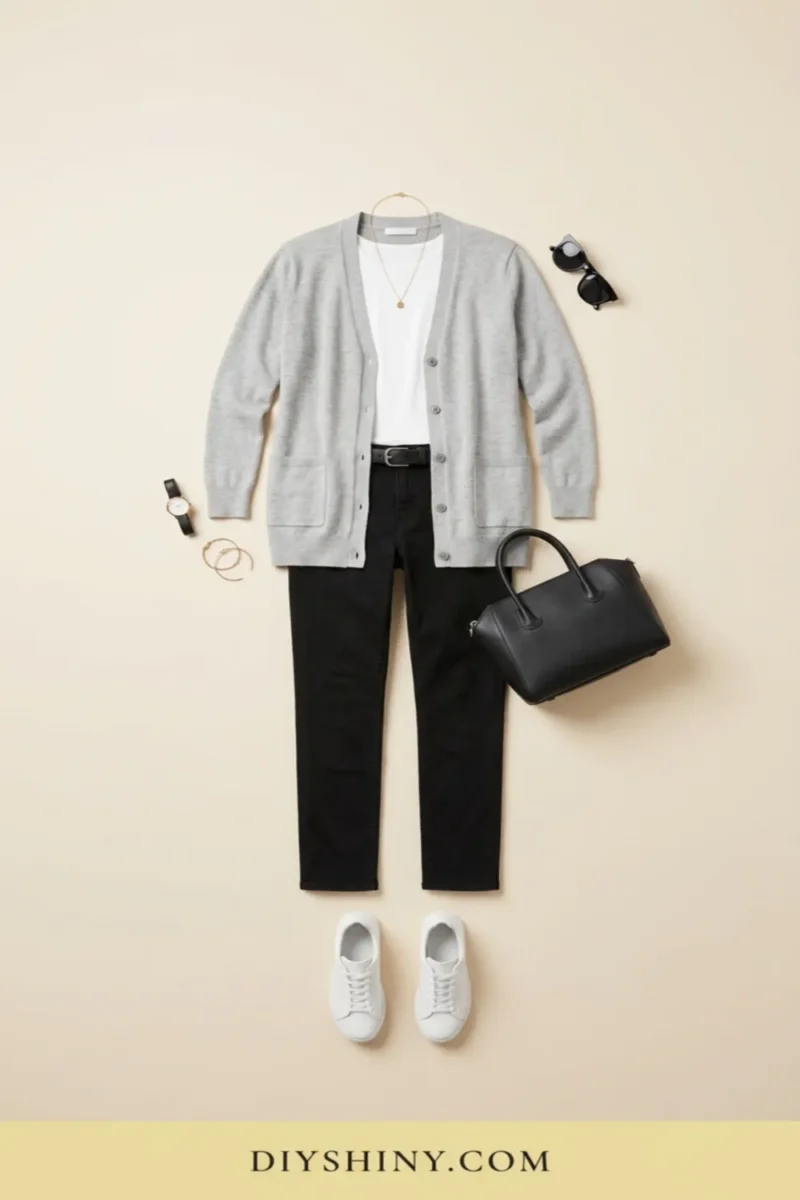 Gray cardigan with white top black trousers white sneakers and black handbag