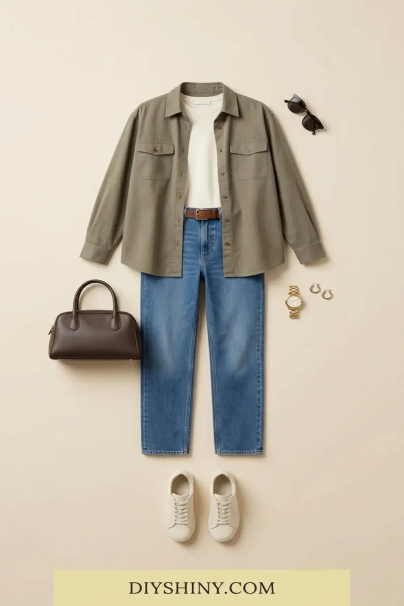 Olive overshirt with white top blue jeans white sneakers and dark brown handbag