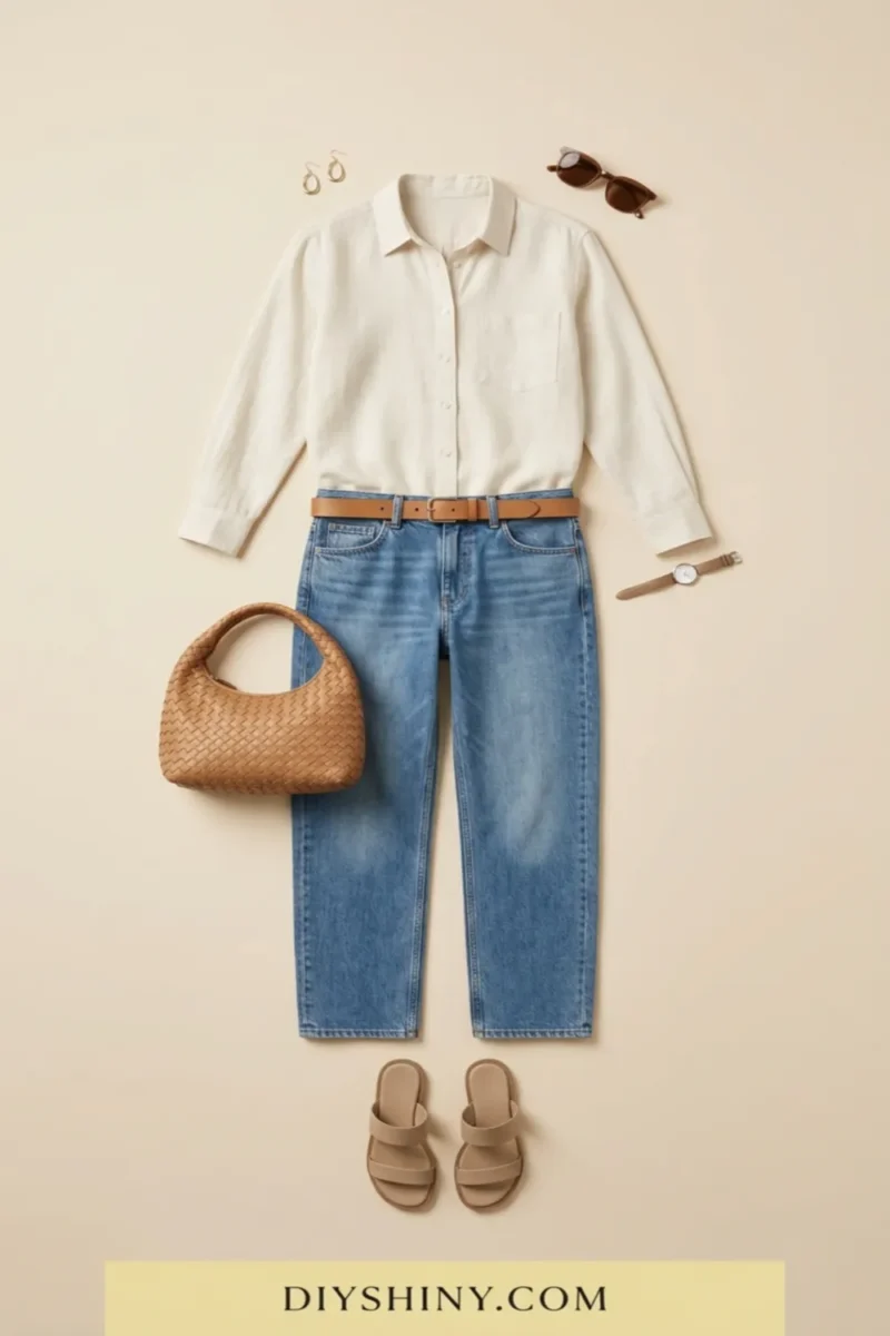 White button-down shirt with blue jeans woven handbag and beige sandals