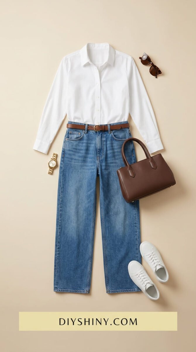 White button-down shirt with blue wide-leg jeans brown belt brown handbag and white sneakers