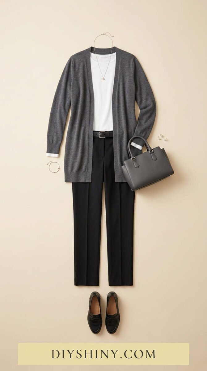 Cream button-down shirt with brown trousers brown belt tan handbag and white sneakers