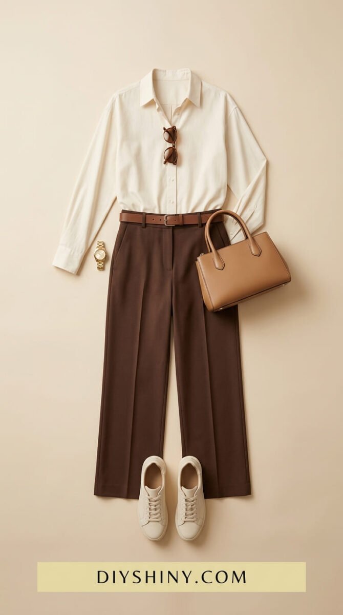 Navy blazer with white shirt light wash jeans brown belt brown handbag and white sneakers