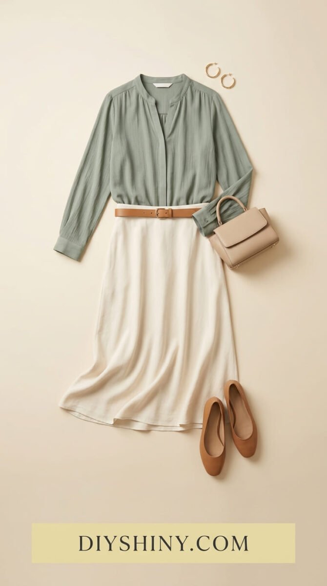 Beige sweater with dark blue jeans brown belt brown handbag and cream loafers