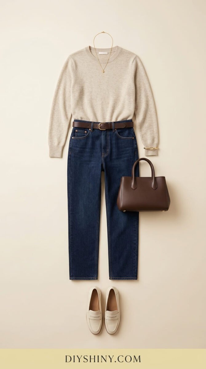 Black button-down shirt with camel trousers black belt black handbag and black flats