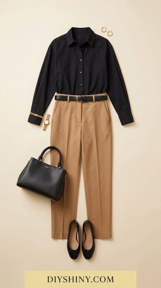 Light blue button-down shirt with taupe trousers tan belt cream handbag and tan loafers