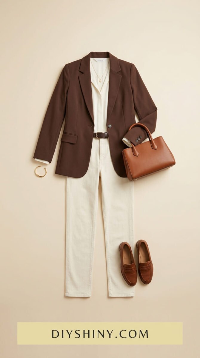 Brown blazer with white top white jeans brown belt cognac handbag and brown loafers