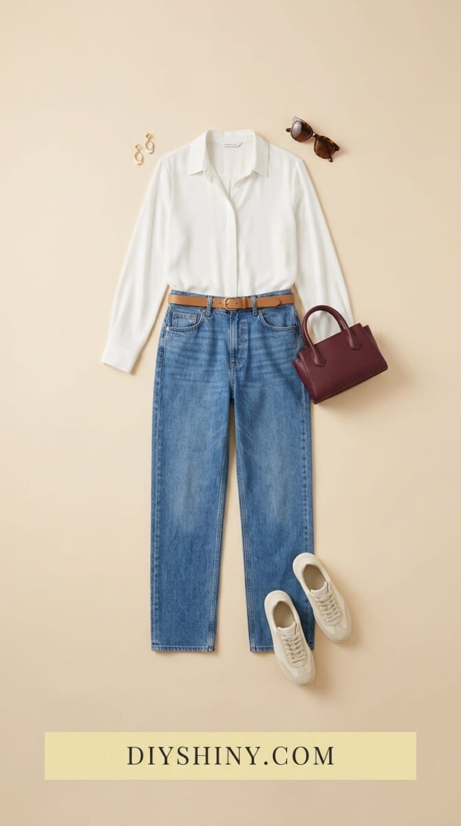 White button-down shirt with blue jeans brown belt burgundy handbag and white sneakers