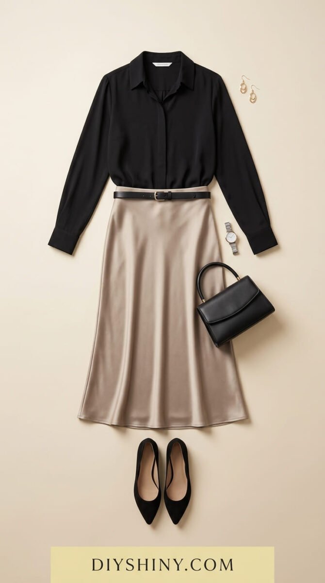 Blue button-down shirt with olive tailored trousers cream handbag and brown loafers