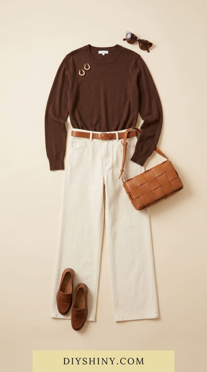 Navy striped button-down shirt with cream jeans brown belt navy handbag and white sneakers