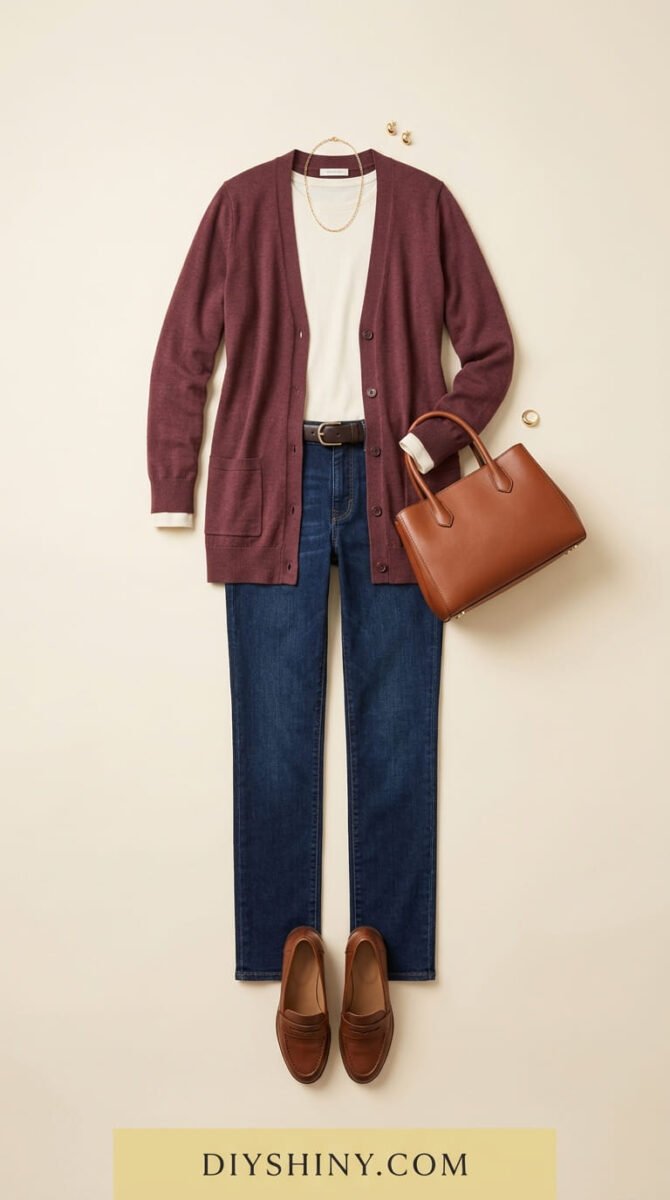 Cream blouse with gray tailored trousers taupe handbag and black flats