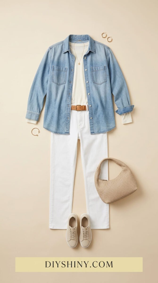 Dusty rose blouse with navy trousers cream handbag and tan loafers