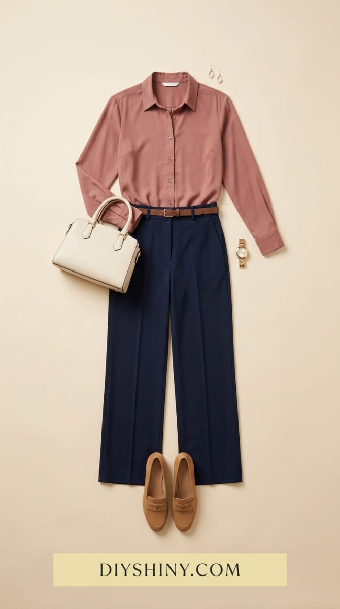 Gray cardigan with white top black trousers black handbag and black loafers