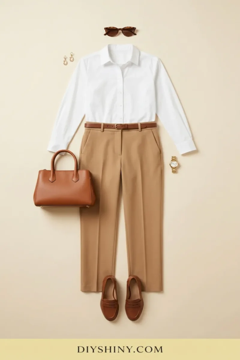 White button-down shirt with camel trousers brown belt cognac handbag and brown loafers